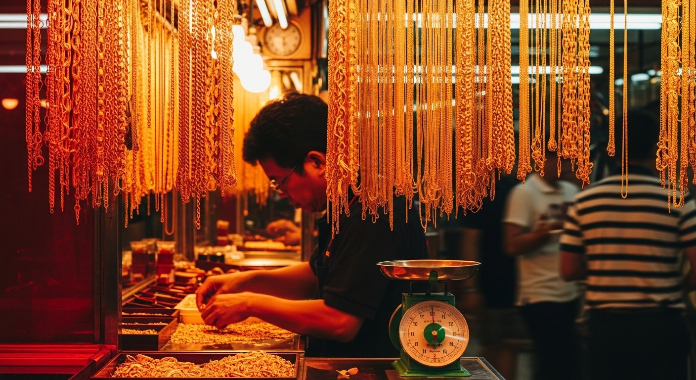 Gold trading in Bangkok’s Yaowarat district. When digital payment rails become too visible, value converts to bullion—one of the layering techniques used in the scam-compound economy that moves proceeds through Thai infrastructure before disappearing offshore.