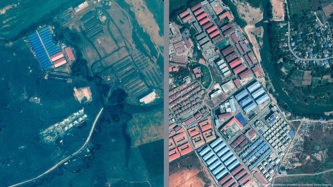 KK Park compound on the Thai-Myanmar border. The left image was taken on February 18, 2020, and the right on January 17, 2024. Image: Maxar Technologies provided by European Space Imaging.