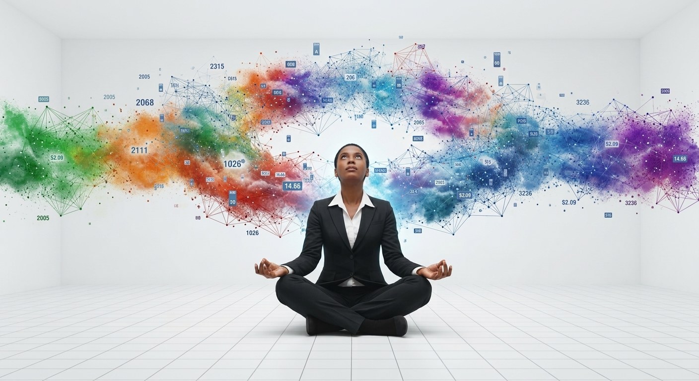A compliance professional sitting calmly beneath a sweeping cloud of connected data points, network links and transaction figures